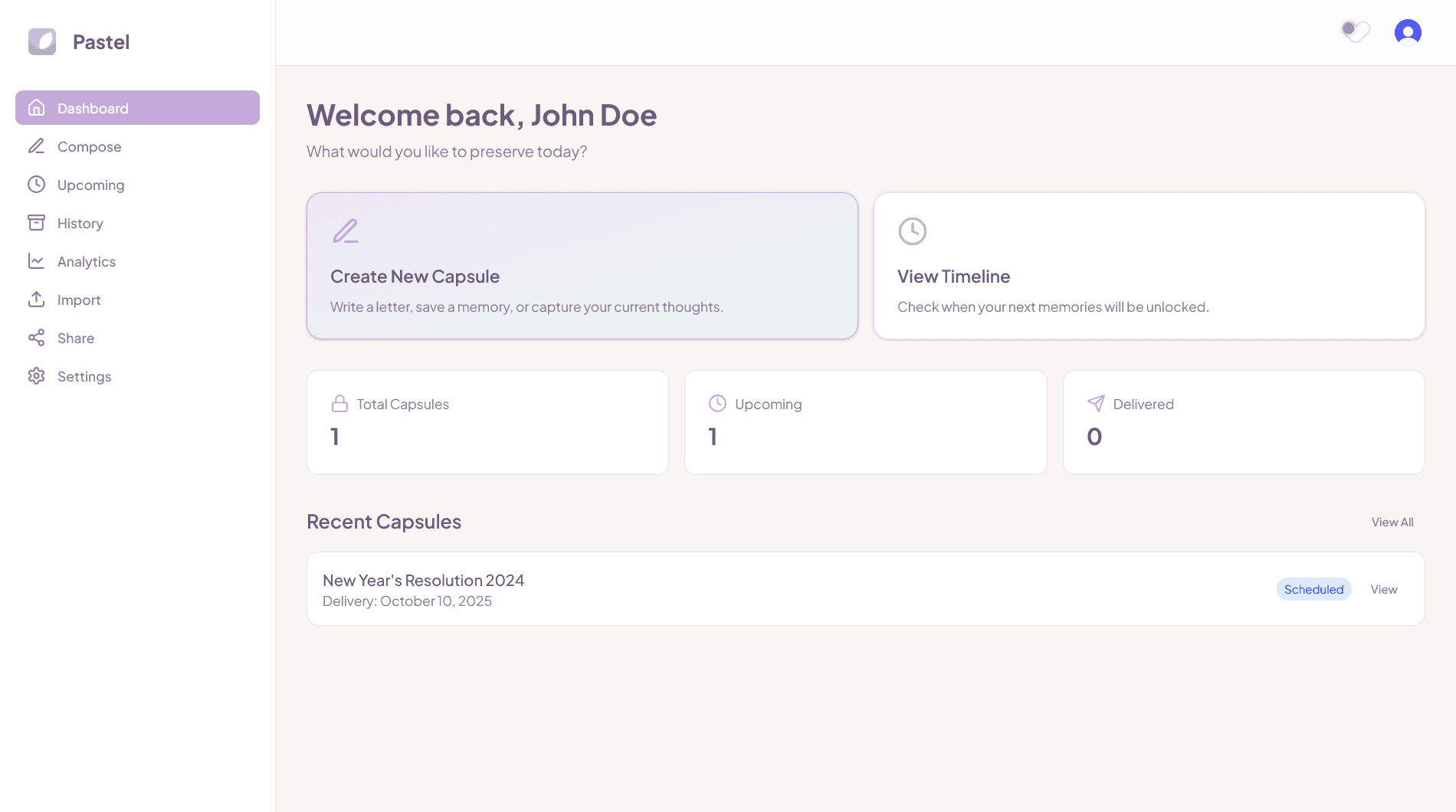 Pastel workspace showing a personal memory timeline